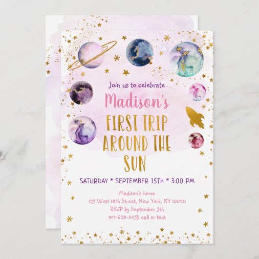ピンク銀河系ファーストトのまわりにリップザサン誕生日 招待状 (正面/裏面)