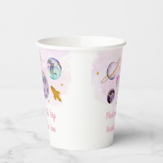 ピンク銀河系ファーストトのまわりにリップザサン誕生日 紙コップ (左)