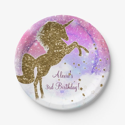 ピンク銀河系マジカルユニコーンスパークルバースデーパーティー ペーパープレート (正面)
