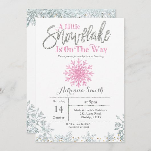 ピンク銀色のスノーフレーク赤ちゃんシャワー 招待状 (正面/裏面)