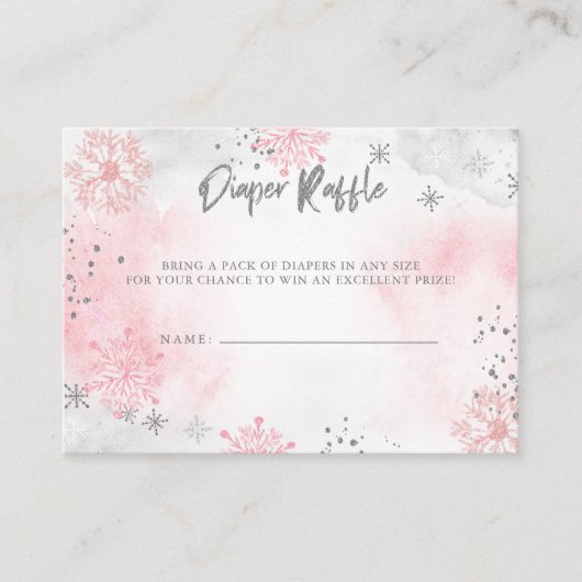 ピンク銀雪片ベビーシャワーおむつラッフル エンクロージャーカード (正面)