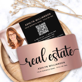 ピンク銅ブラックフォト実在エステートエージェントQRコード 名刺