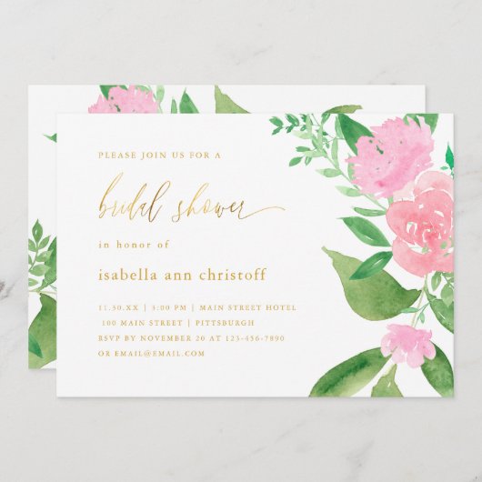 ピンク開花と書結婚道のブライダルシャワー 招待状 (正面/裏面)