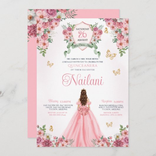 ピンク開花バタフライ金ゴールドピンクフローラキンセアニェラ 招待状 (正面/裏面)