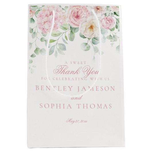 ピンク開花フローラアジサイ結婚式の引き出物 ミディアムペーパーバッグ (正面)