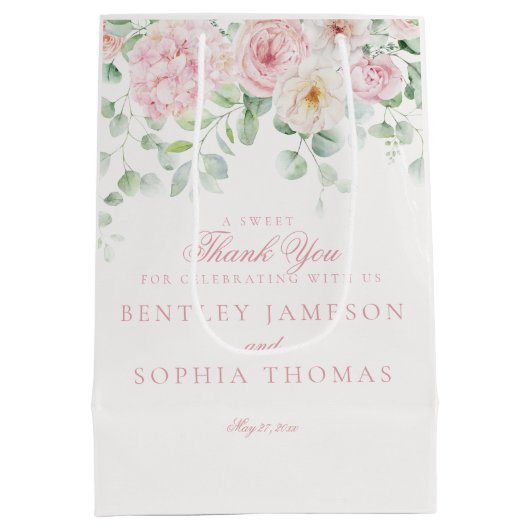 ピンク開花フローラアジサイ結婚式の引き出物 ミディアムペーパーバッグ (裏面)