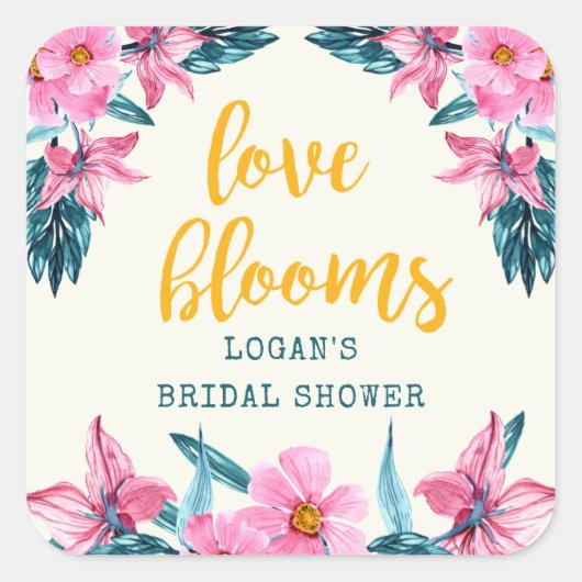 ピンク開花ブライダルシャワーシール スクエアシール (正面)