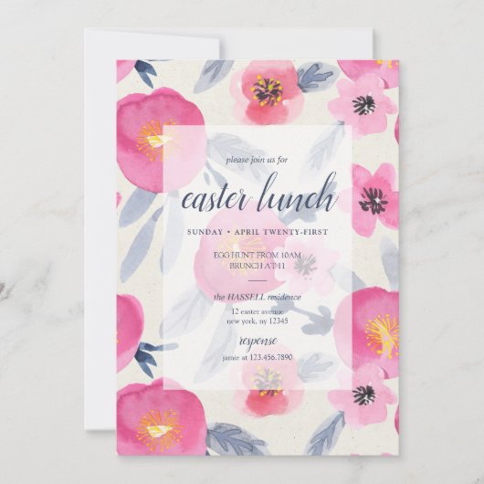 ピンク開花水彩花模様イースターランチ 招待状 (正面)