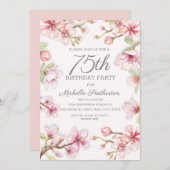 ピンク開花葉グリーン女子75誕生日 招待状 (正面/裏面)