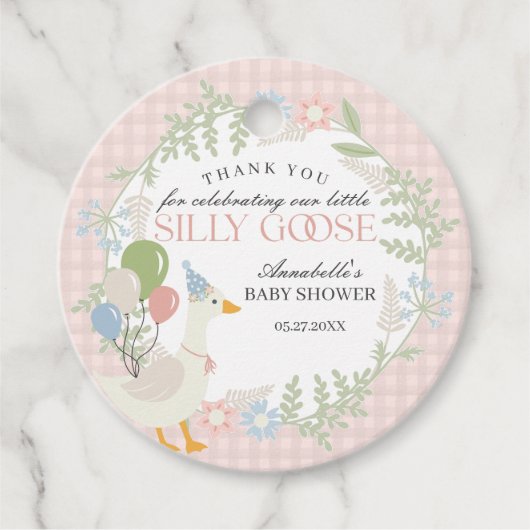 ピンク間抜けガチョウフローラギンガムベビーシャワーの好意 フェイバータグ (正面)