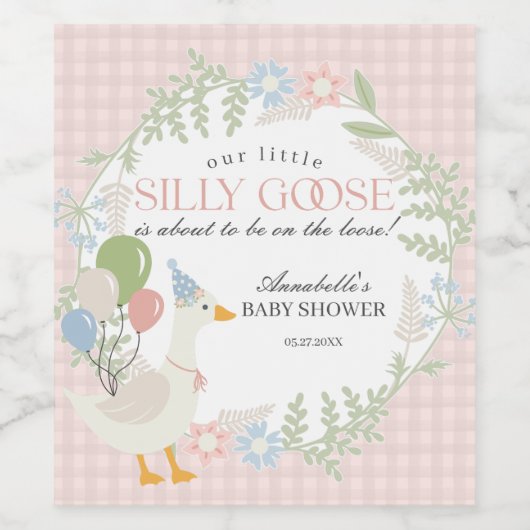 ピンク間抜けガチョウフローラギンガムベビーシャワーの好意 ワインラベル (シングルラベル)