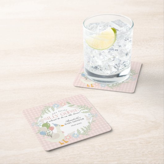 ピンク間抜けガチョウフローラギンガムベビーシャワー スクエアペーパーコースター (インサイチュ)