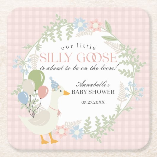 ピンク間抜けガチョウフローラギンガムベビーシャワー スクエアペーパーコースター (正面)