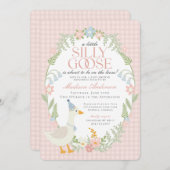 ピンク間抜けガチョウフローラギンガムベビーシャワー 招待状 (正面/裏面)