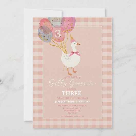ピンク間抜けガチョウ風船ガール第3誕生日 招待状 (正面)