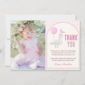 ピンク間抜けグースかわいいバルーンガール誕生日写真 サンキューカード (正面)