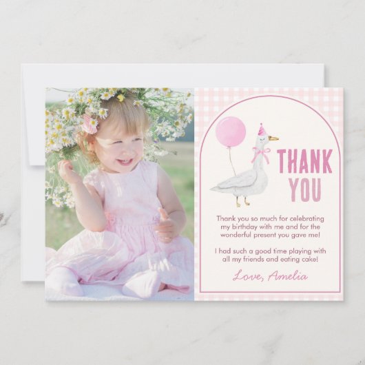 ピンク間抜けグースかわいいバルーンガール誕生日写真 サンキューカード (正面)