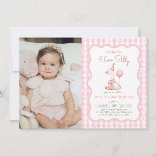 ピンク間抜けグースデイジージンガム2nd誕生日フォト 招待状 (正面)