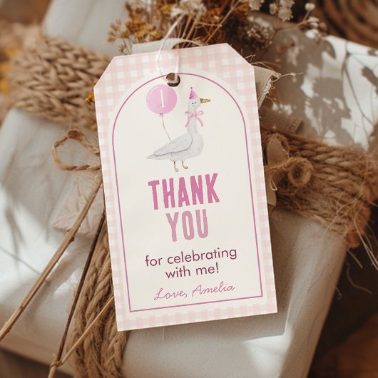 ピンク間抜けグースバルーンガール誕生日 ギフトタグ