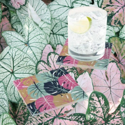 ピンク離れとブルーのトロピカルパーム | ガラスコースター