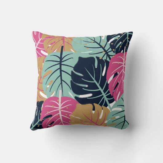 ピンク離れとブルーのトロピカルパーム | 装飾的 クッション (裏面)