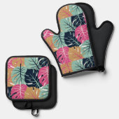 ピンク離れとブルーのトロピカルパーム | 鍋つかみ&鍋敷きセット (正面/裏面)