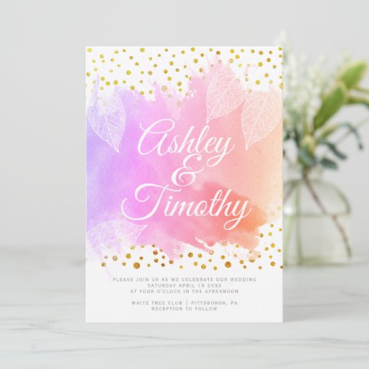 ピンク離れの水彩書道の上結婚に 招待状 (スタンド正面)