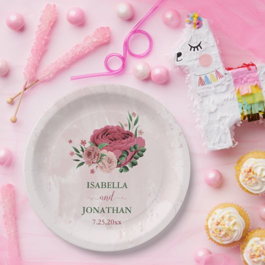 ピンク離れの花は結婚緑 ペーパープレート (パーティー)