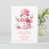 ピンク雪だるまクリスマスパーティの招待状 招待状 (スタンド正面)