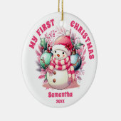 ピンク雪だるまベビーの初めてのクリスマスオーナメント セラミックオーナメント (右)