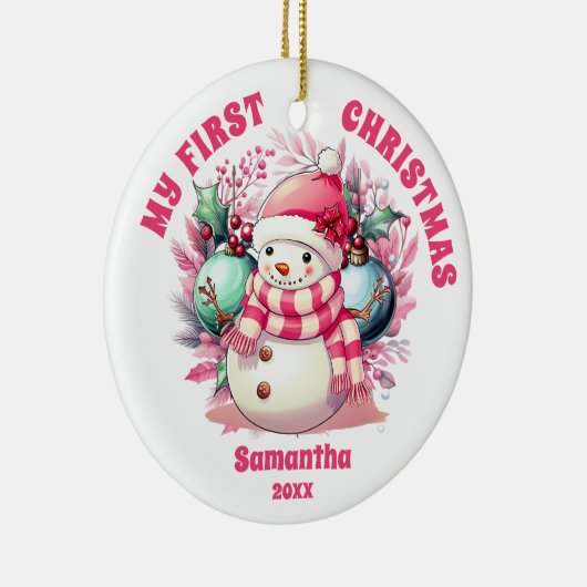 ピンク雪だるまベビーの初めてのクリスマスオーナメント セラミックオーナメント (右)