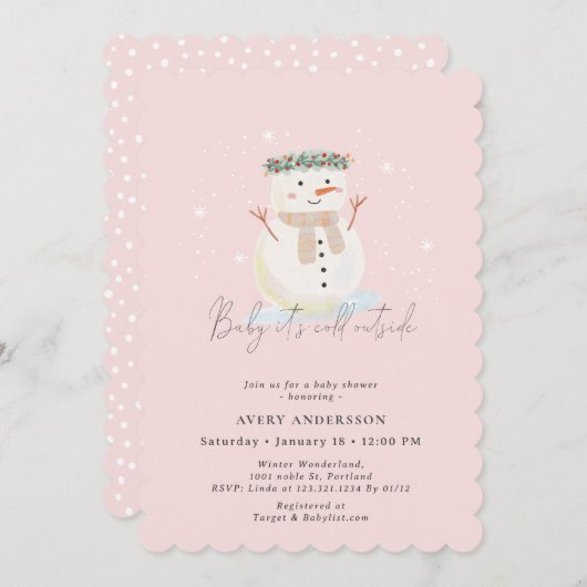 ピンク雪だるまベビーベビーシャワー外は寒い 招待状 (正面/裏面)