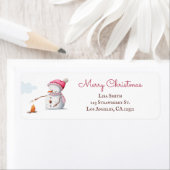 ピンク雪だるまマーシュマローズクリスマス差出人住所 ラベル (インサイチュ)