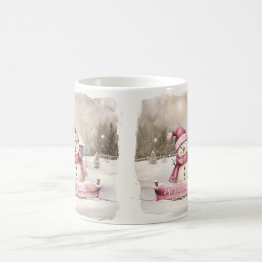 ピンク雪だるまヴィンテージクリスマス コーヒーマグカップ (中央)