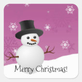 ピンク雪だるま冬景色クリスマスステッカー スクエアシール (正面)