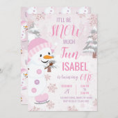 ピンク雪だるま誕生日 招待状 (正面/裏面)