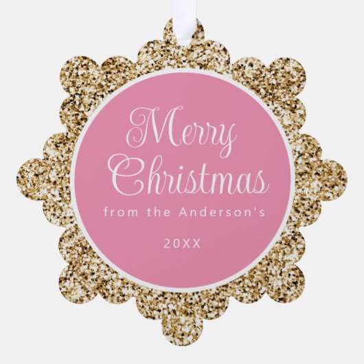 ピンク雪だるま金ゴールドメリークリスマスグリーティング オーナメントカード (裏面)