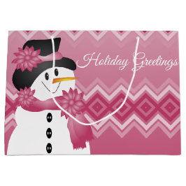 ピンク雪だるま パターン（の模様が）ある ラージペーパーバッグ