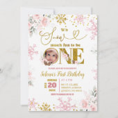 ピンク雪の多くのおもしろい冬のフローラ1st誕生日ガール 招待状 (正面)