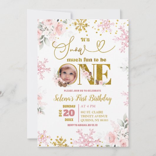 ピンク雪の多くのおもしろい冬のフローラ1st誕生日ガール 招待状 (正面)