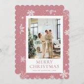 ピンク雪メリークリスマススノーフレーク写真 シーズンカード (正面/裏面)