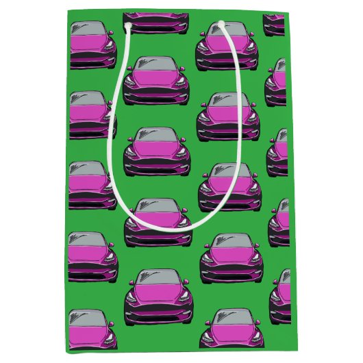 ピンク電気自動車SUVカーグリーン背景 ミディアムペーパーバッグ (正面)