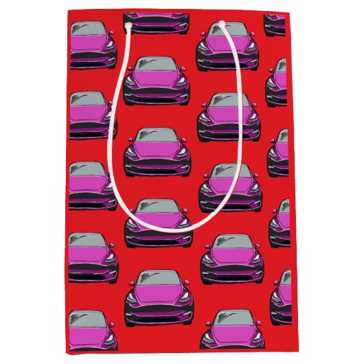 ピンク電気自動車SUV車の赤い背景 ミディアムペーパーバッグ (正面)