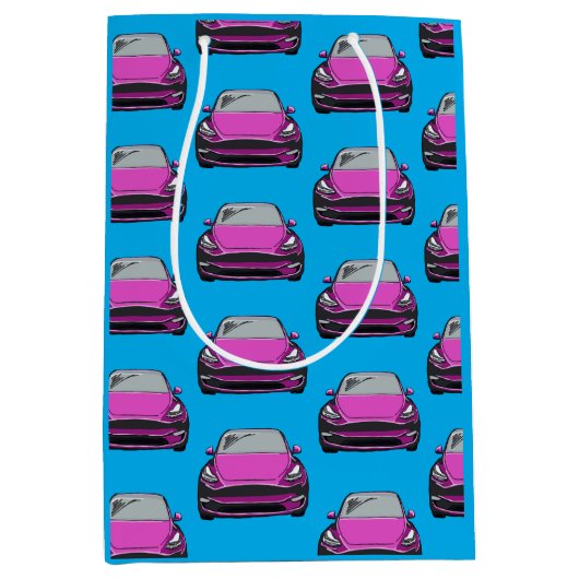 ピンク電気自動車SUV車の青の背景 ミディアムペーパーバッグ (正面)