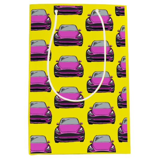 ピンク電気自動車SUV車の黄色の背景 ミディアムペーパーバッグ (正面)