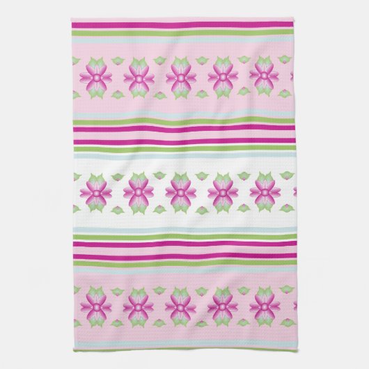 ピンク青と緑の花のキッチン キッチンタオル (縦)