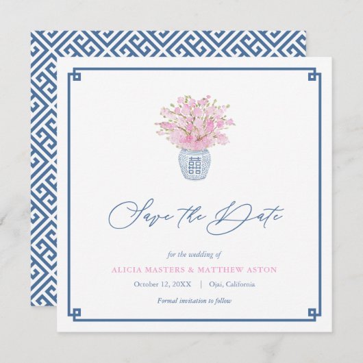 ピンク頭が切れるネイビーブルーチャイノアイズリー結婚花瓶 セーブザデート (正面/裏面)