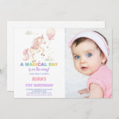 ピンク風船ユニコーンの誕生日招待状(写真付き) 招待状 (正面/裏面)