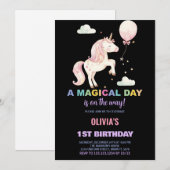 ピンク風船ユニコーンの誕生日招待状 招待状 (正面/裏面)