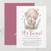 ピンク風船蝶双子女の子ベビーシャワー 招待状 (正面/裏面)